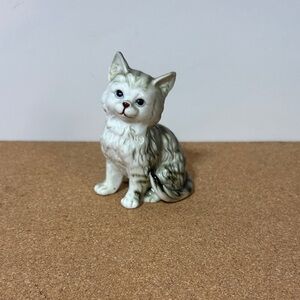 Vintage Porcelain Sitting Cat Figurine in White and Gray 4” Tall